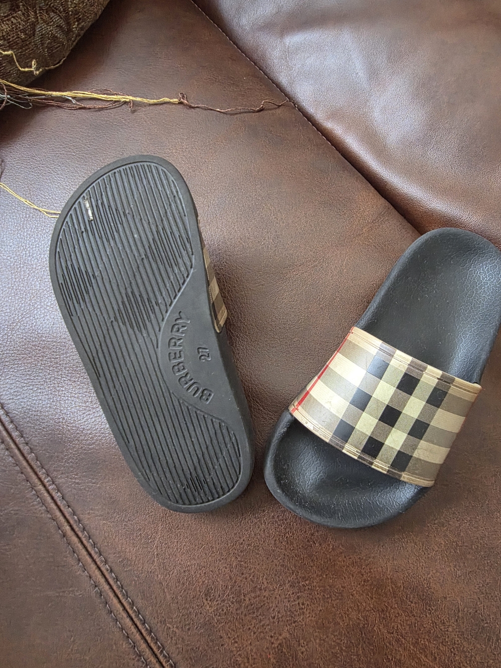 Burberry Black Footbed Beige/Black Check Slide Sandals